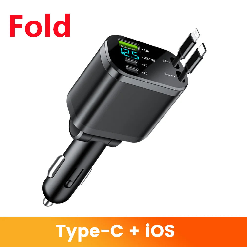 Elough 5 IN 1 Car Charger Retractable USB C to Lightning Cable 2 Type C Port Car USB Charger For IPhone Phone Adapter Compatible