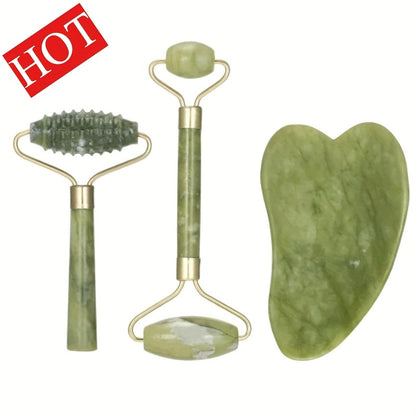 Jade Roller & Gua Sha 3-Piece Gift Set for Facial Massage and Depuffing