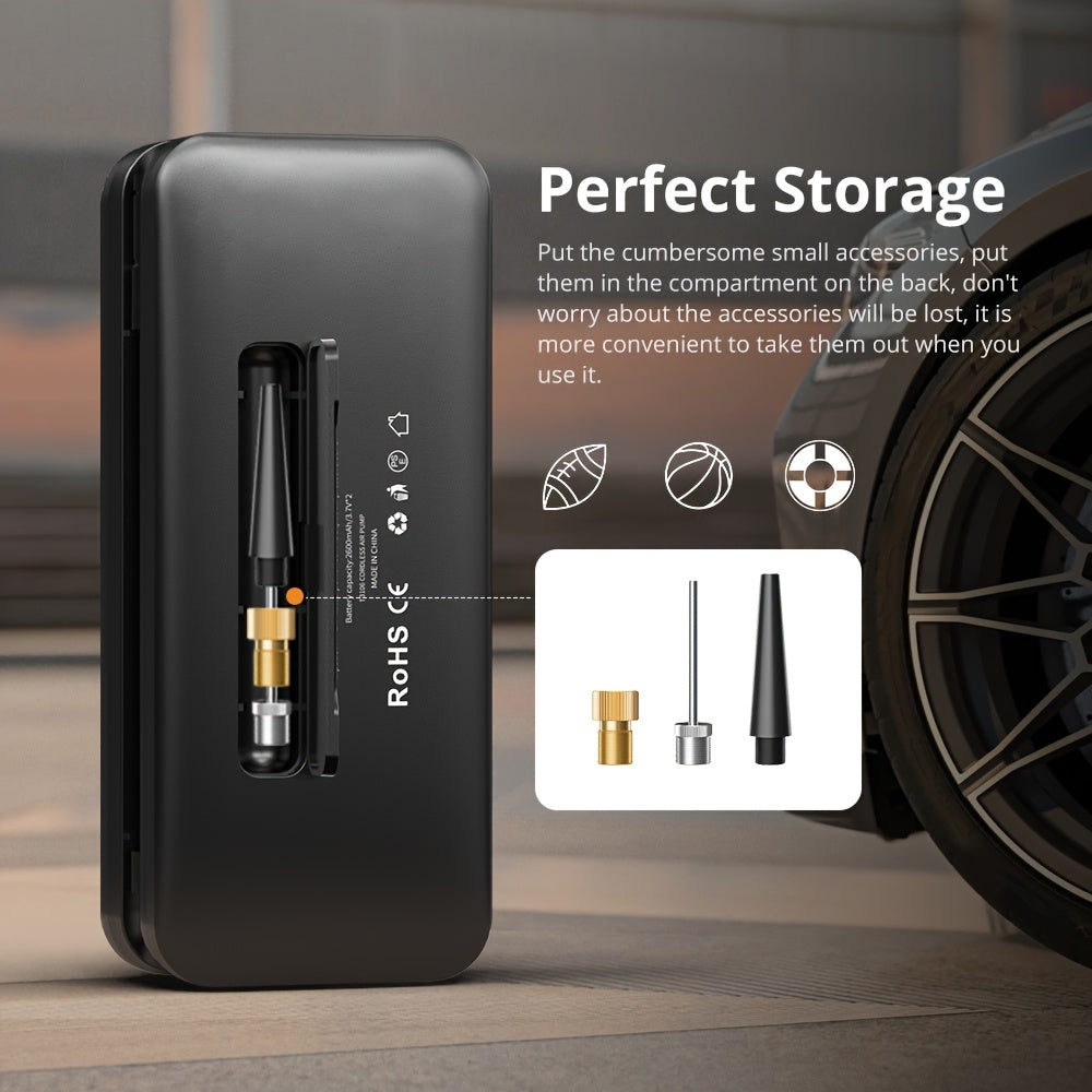 Portable Tire Inflator for Cars, Motorcycles, and Bicycles with Storage Case on the Back of the Pump