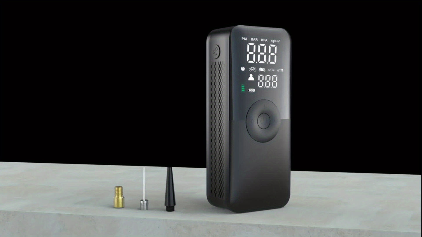 Portable Tire Inflator for Cars, Motorcycles, and Bicycles with Storage Case on the Back of the Pump
