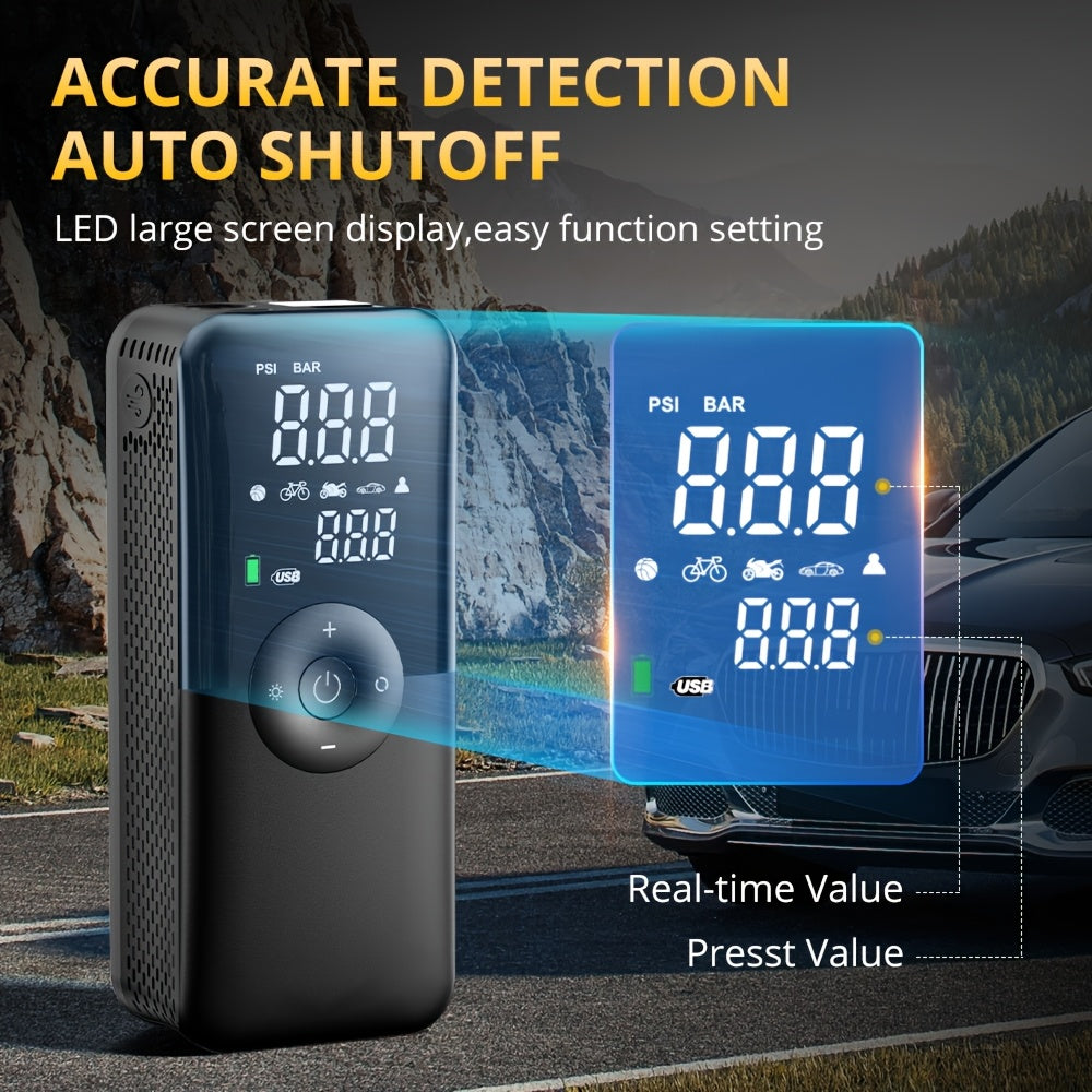 Portable Tire Inflator for Cars, Motorcycles, and Bicycles with Storage Case on the Back of the Pump