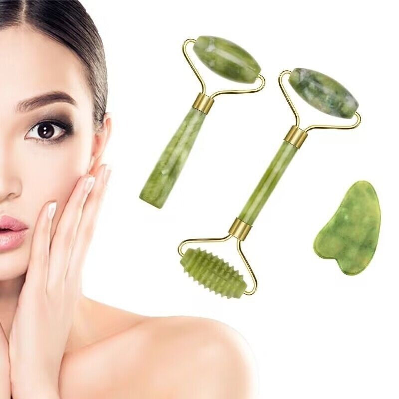 Jade Roller & Gua Sha 3-Piece Gift Set for Facial Massage and Depuffing