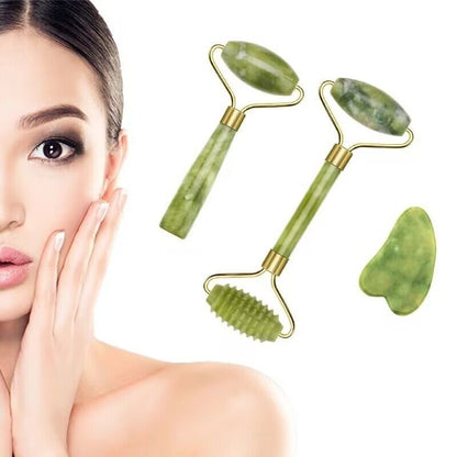 Jade Roller & Gua Sha 3-Piece Gift Set for Facial Massage and Depuffing