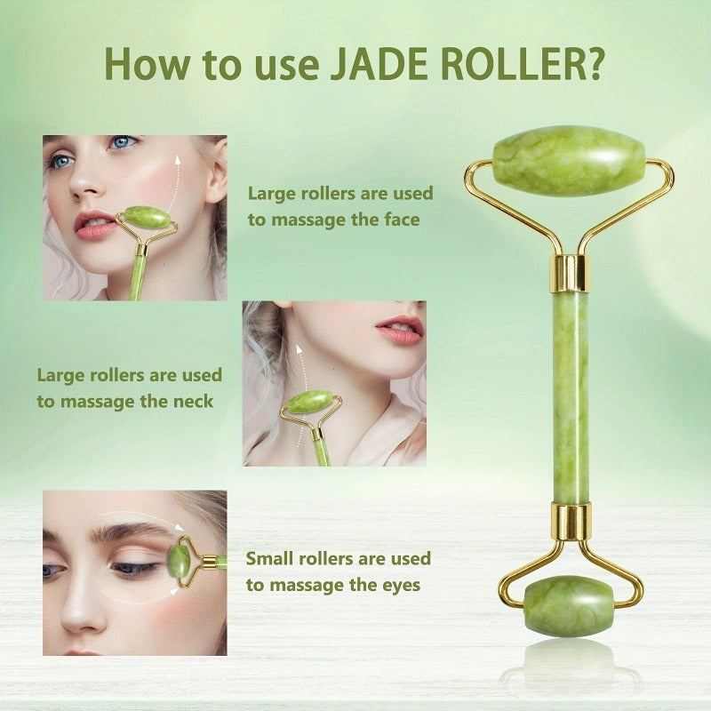 Jade Roller & Gua Sha 3-Piece Gift Set for Facial Massage and Depuffing
