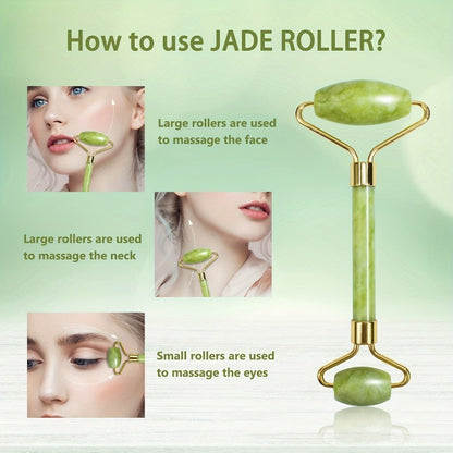 Jade Roller & Gua Sha 3-Piece Gift Set for Facial Massage and Depuffing