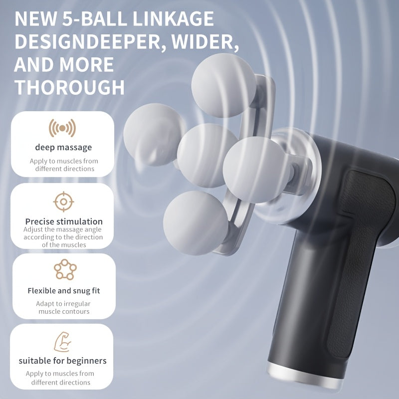 Massage gun with 5-ball linkage design on a light blue background