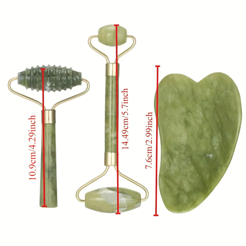 Jade Roller & Gua Sha 3-Piece Gift Set for Facial Massage and Depuffing