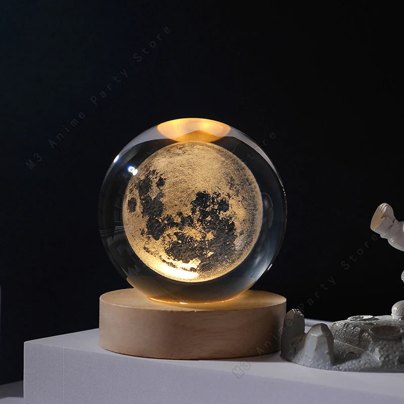 Unique 3D Crystal Ball Night Light Led Lamp Bedside Table Glowing Galaxy Lamp Saturn Planets Moon Children Birthday Gift Toy 5cm