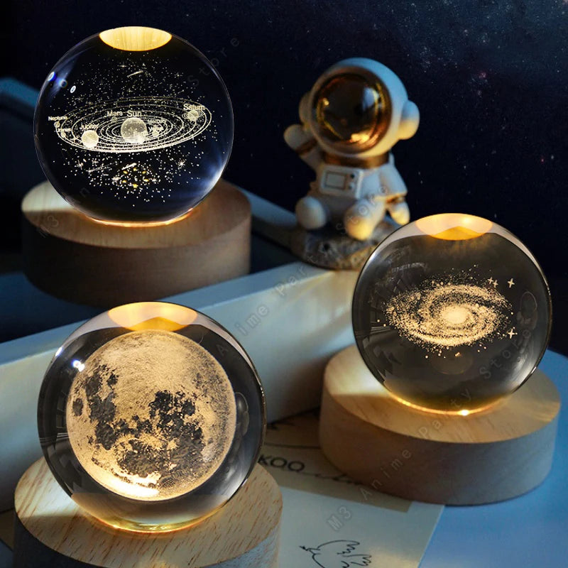 Unique 3D Crystal Ball Night Light Led Lamp Bedside Table Glowing Galaxy Lamp Saturn Planets Moon Children Birthday Gift Toy 5cm