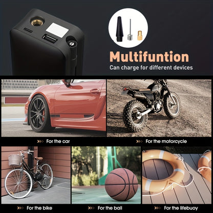 Portable Tire Inflator for Cars, Motorcycles, and Bicycles with Storage Case on the Back of the Pump