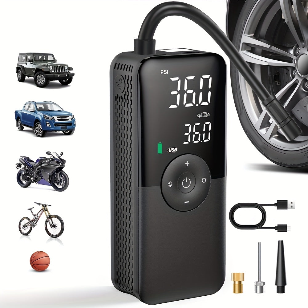 Portable Tire Inflator for Cars, Motorcycles, and Bicycles with Storage Case on the Back of the Pump