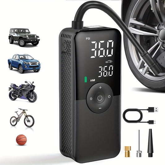 Portable Tire Inflator for Cars, Motorcycles, and Bicycles with Storage Case on the Back of the Pump