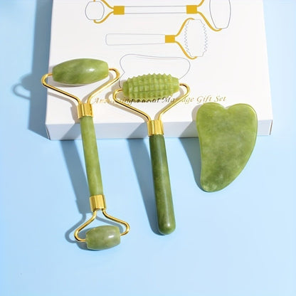 Jade Roller & Gua Sha 3-Piece Gift Set for Facial Massage and Depuffing